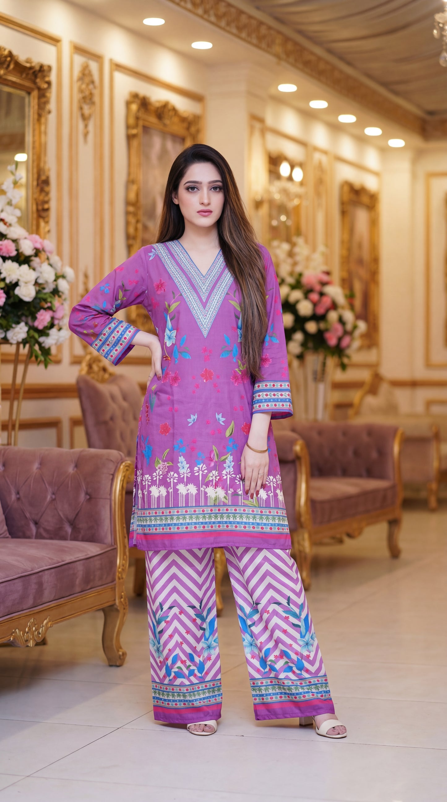 Orchid Radiance: 2-Piece Digital Print Lawn Kurta & Chevron Trousers