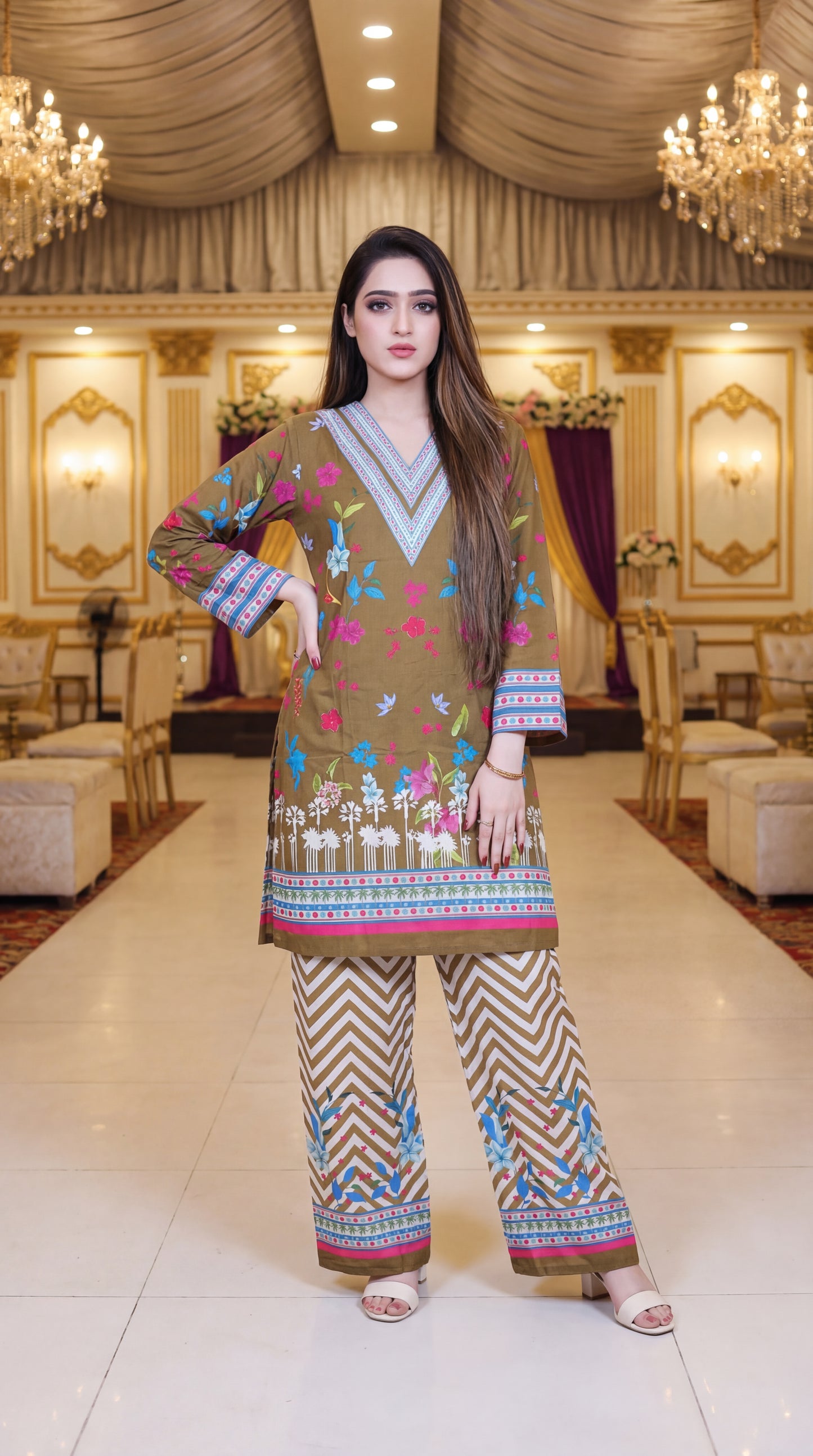 The Heritage Fusion Collection: 2-Piece Digital Print Lawn Kurta & Chevron Palazzo Set