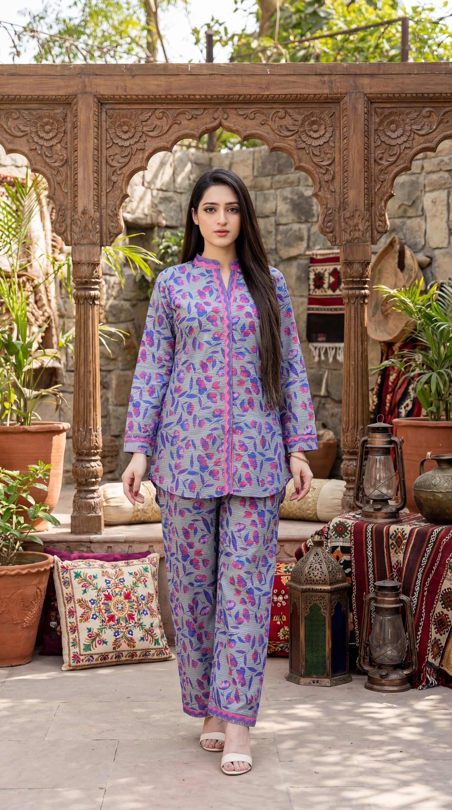 Ethereal Bloom Lavender & Magenta Printed Co-ord Set - 2 Piece High-Low Kurta & Trouser