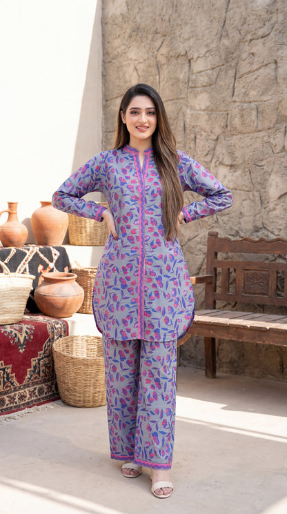 Ethereal Bloom Lavender & Magenta Printed Co-ord Set - 2 Piece High-Low Kurta & Trouser