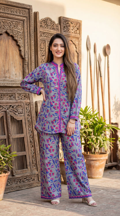 Ethereal Bloom Lavender & Magenta Printed Co-ord Set - 2 Piece High-Low Kurta & Trouser