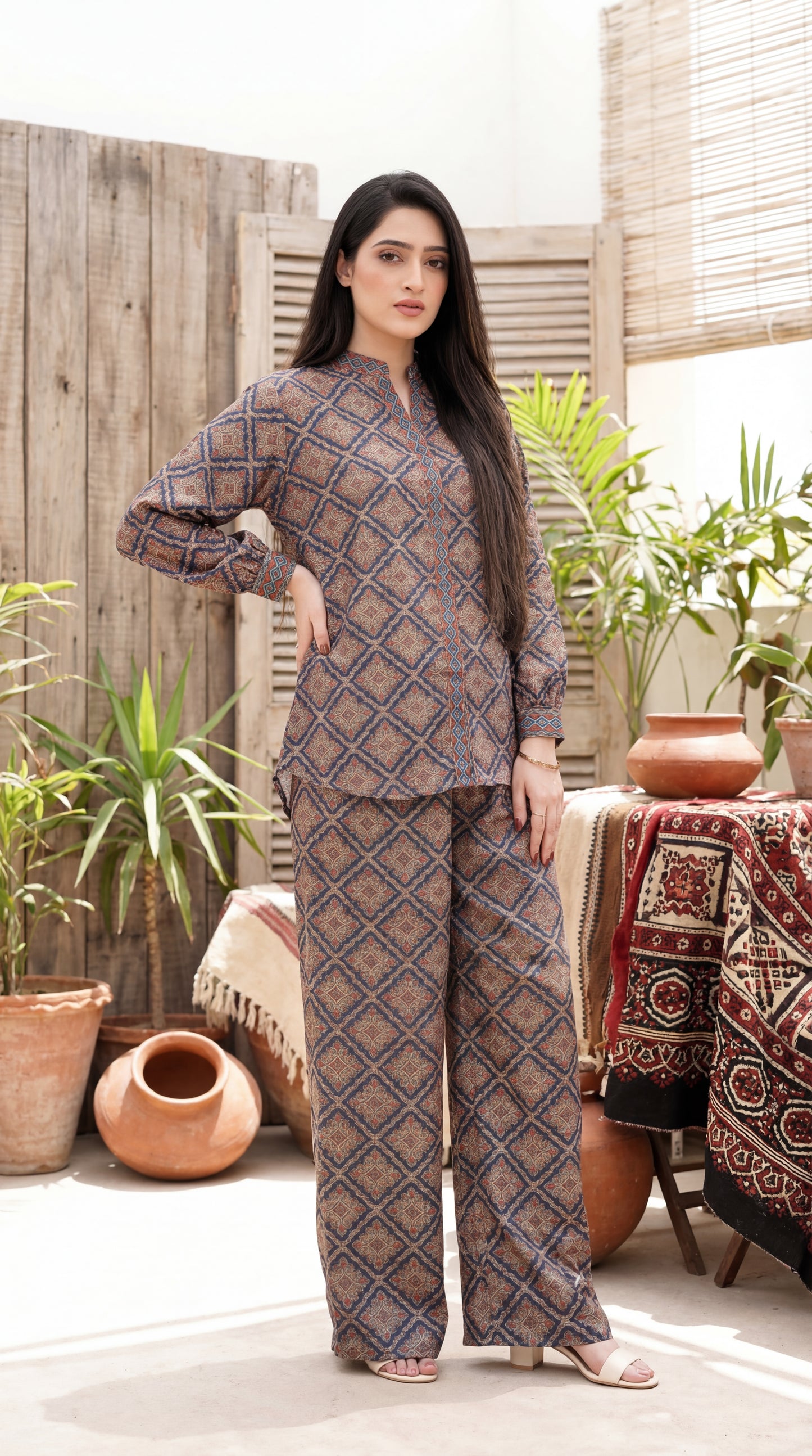 Desert Rose Geometric Co-ord Set – 2 Piece Olive & Terracotta Tunic with Wide-Leg Trousers