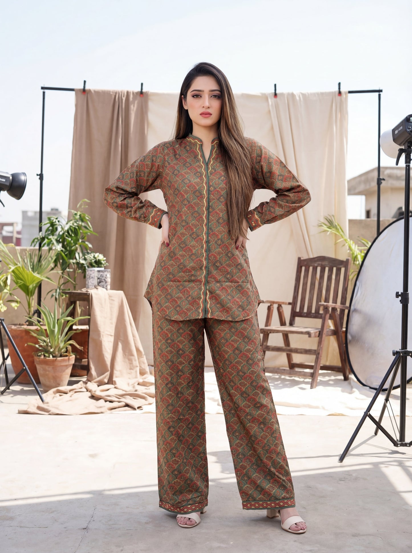 Olive & Rust Geometric Print Co-ord Set - 2 Piece Tunic with Wide-Leg Trousers
