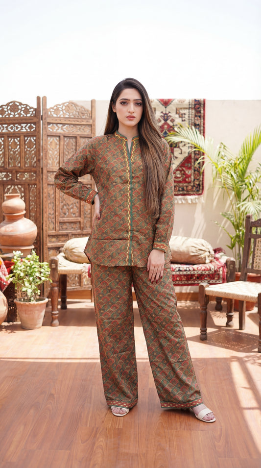 Olive & Rust Geometric Print Co-ord Set - 2 Piece Tunic with Wide-Leg Trousers