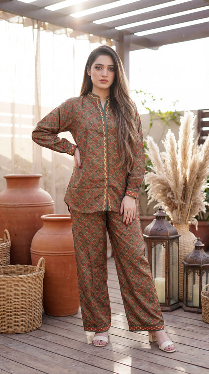 Olive & Rust Geometric Print Co-ord Set - 2 Piece Tunic with Wide-Leg Trousers
