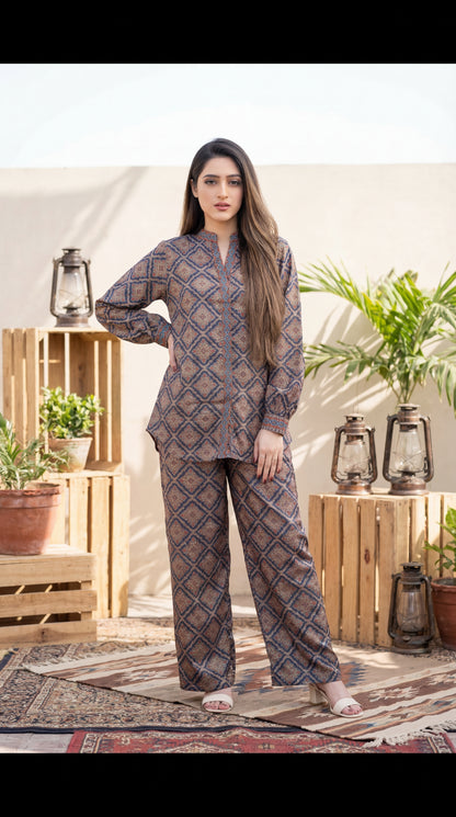 Desert Rose Geometric Co-ord Set – 2 Piece Olive & Terracotta Tunic with Wide-Leg Trousers