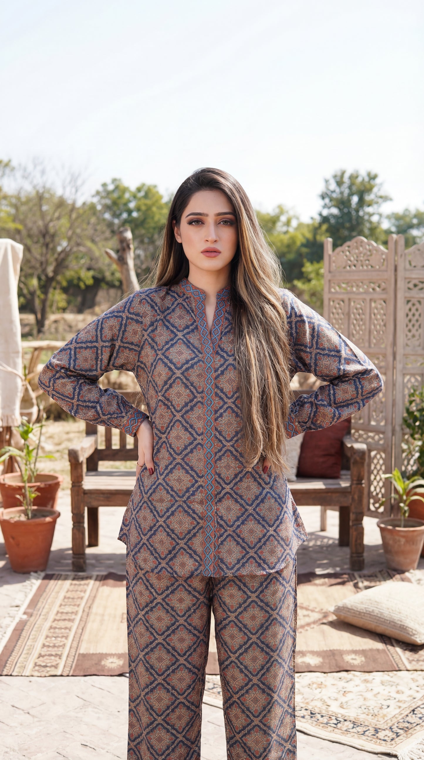 Desert Rose Geometric Co-ord Set – 2 Piece Olive & Terracotta Tunic with Wide-Leg Trousers