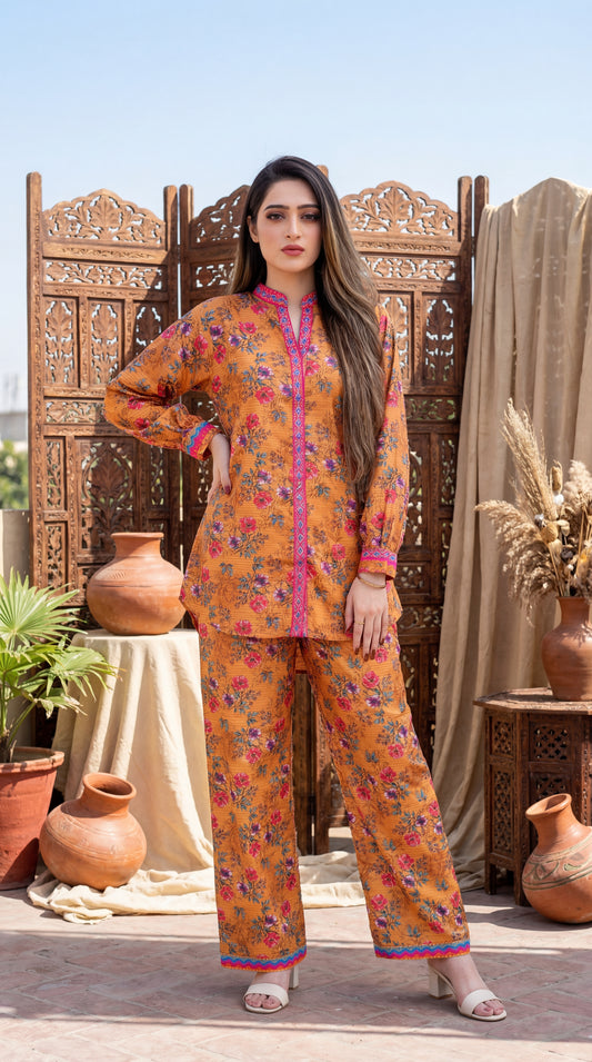 Saffron Bloom – Premium 2-Piece Printed Co-ord Set