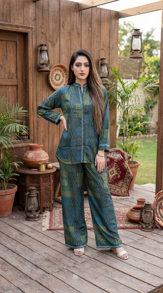 Emerald Mosaic – Premium 2-Piece Patchwork Print Co-ord Set