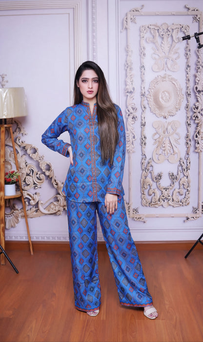 Azure Geometry – Premium Silk-Finish Diamond Print Co-ord Set