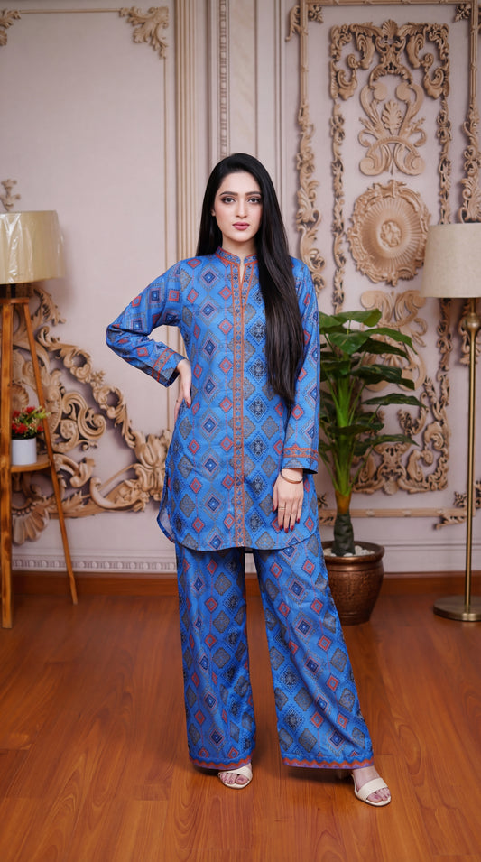 Azure Geometry – Premium Silk-Finish Diamond Print Co-ord Set