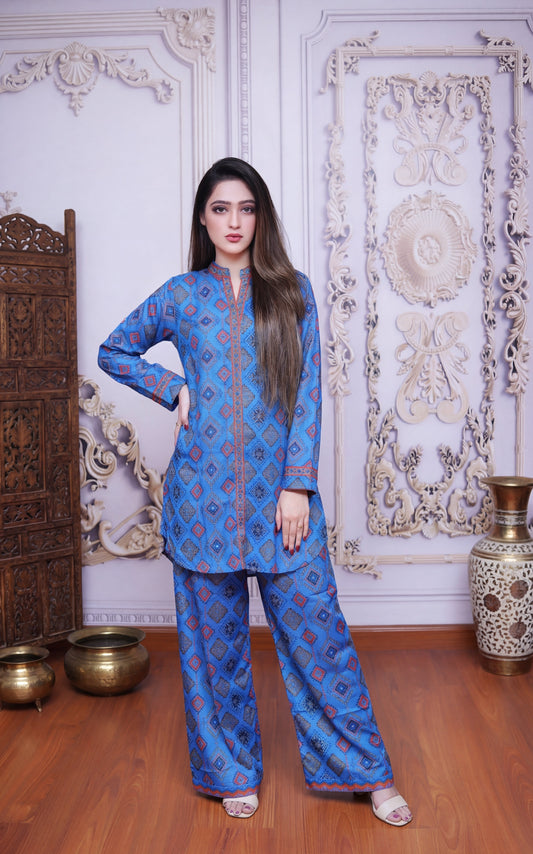 Azure Geometry – Premium Silk-Finish Diamond Print Co-ord Set