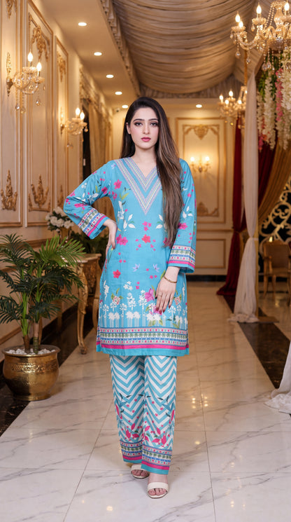 Turquoise Floral Bliss – Premium Printed Lawn 2-Piece Co-ord Set