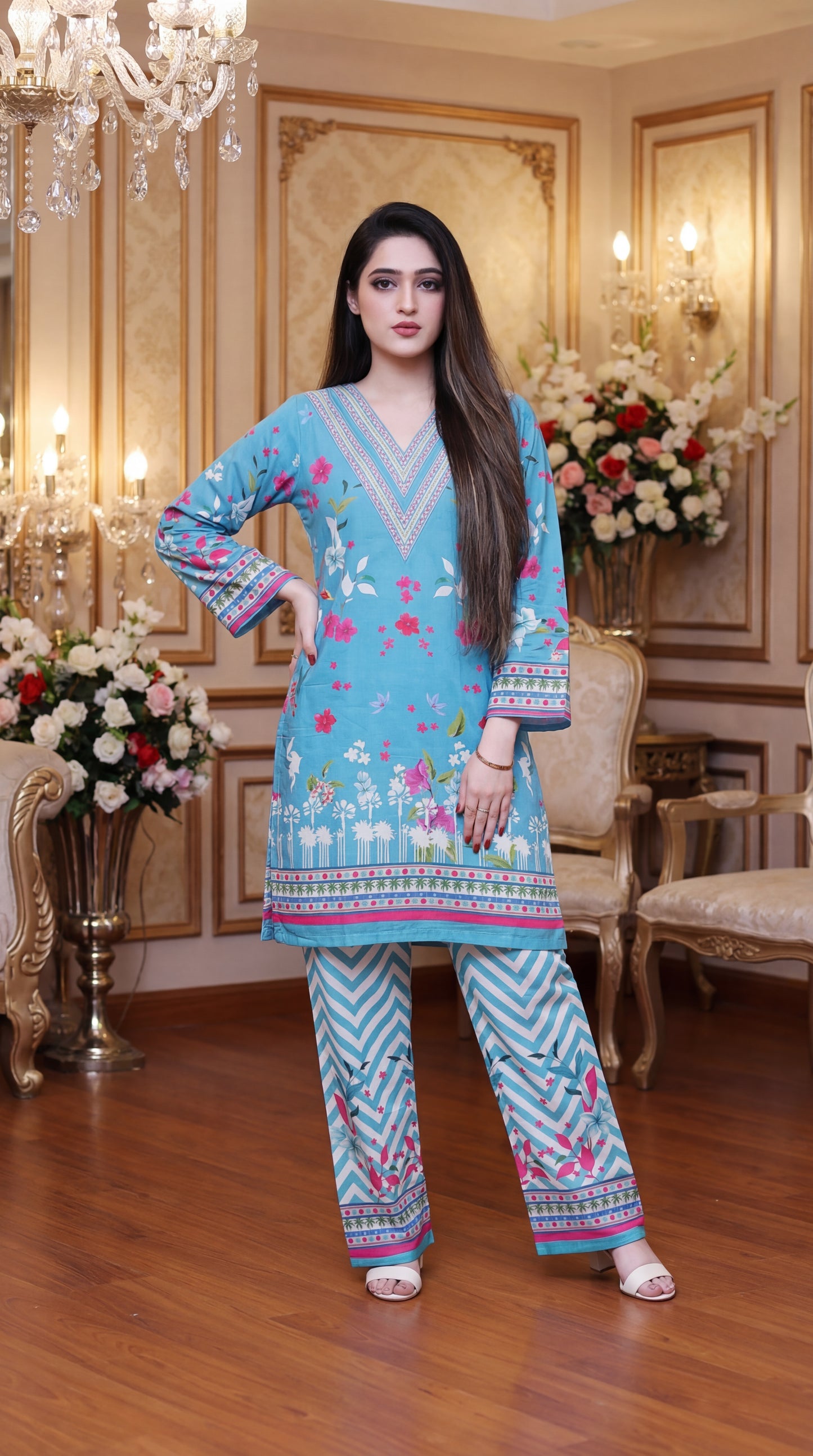 Turquoise Floral Bliss – Premium Printed Lawn 2-Piece Co-ord Set