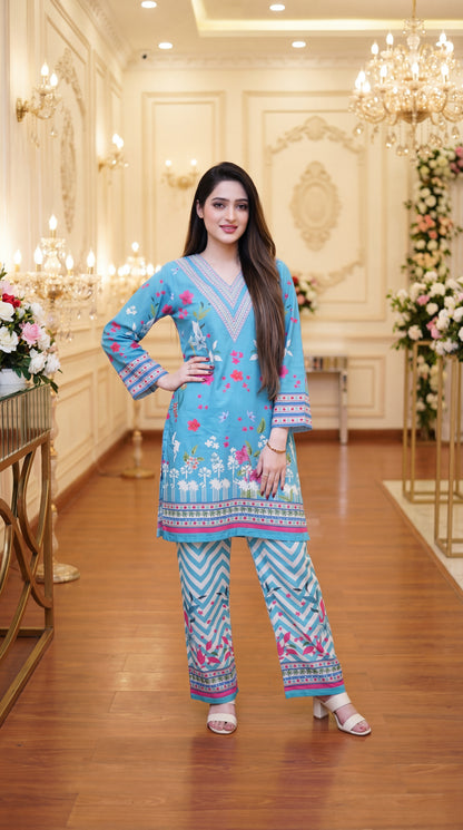 Turquoise Floral Bliss – Premium Printed Lawn 2-Piece Co-ord Set