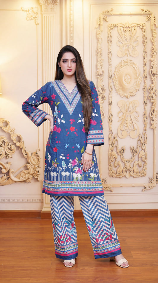 Azure Bloom: Two-Piece Digital Print Lawn Kurta & Chevron Palazzo Set