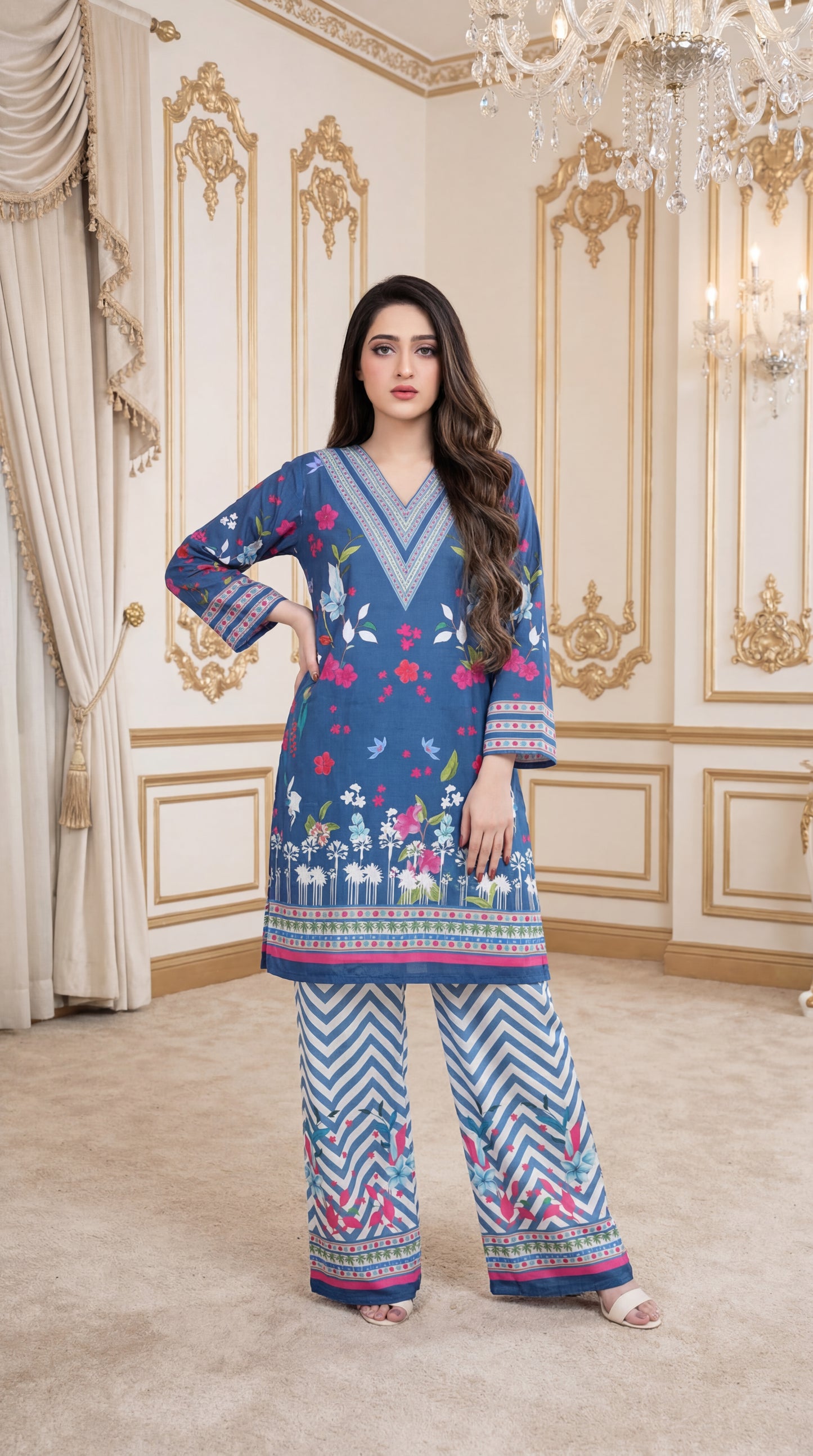 Azure Bloom: Two-Piece Digital Print Lawn Kurta & Chevron Palazzo Set