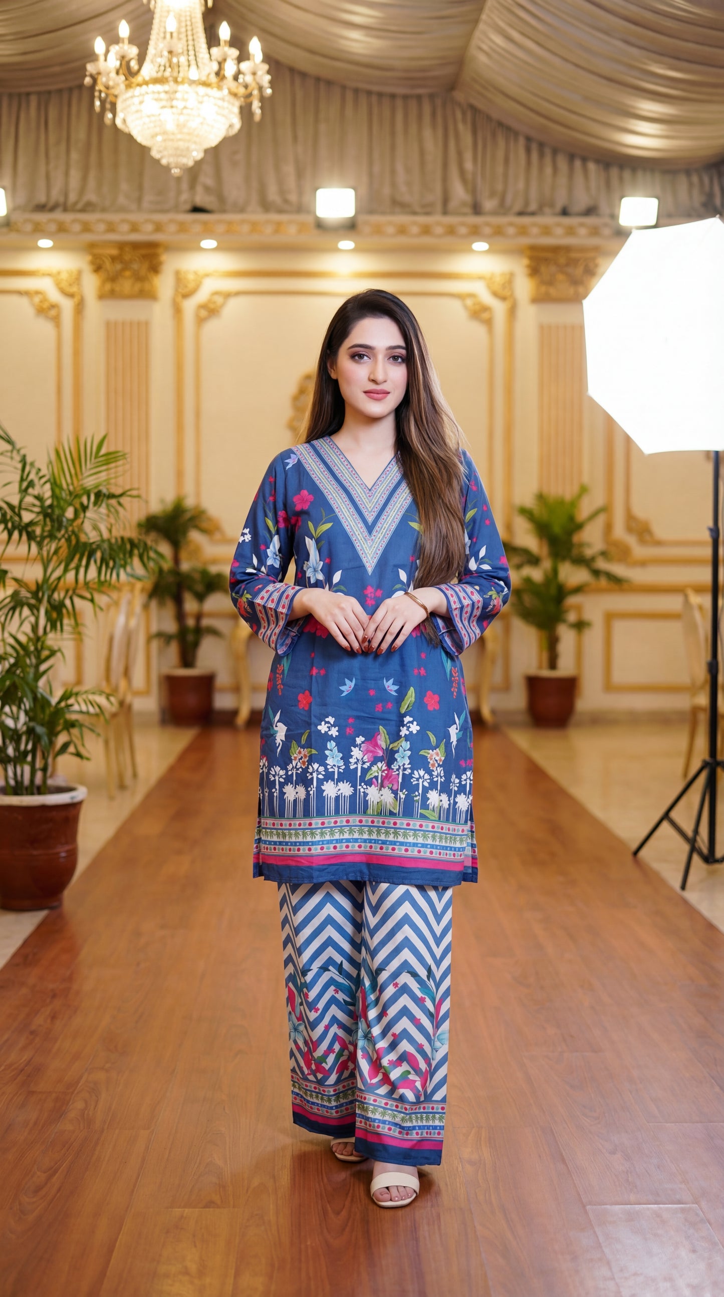 Azure Bloom: Two-Piece Digital Print Lawn Kurta & Chevron Palazzo Set