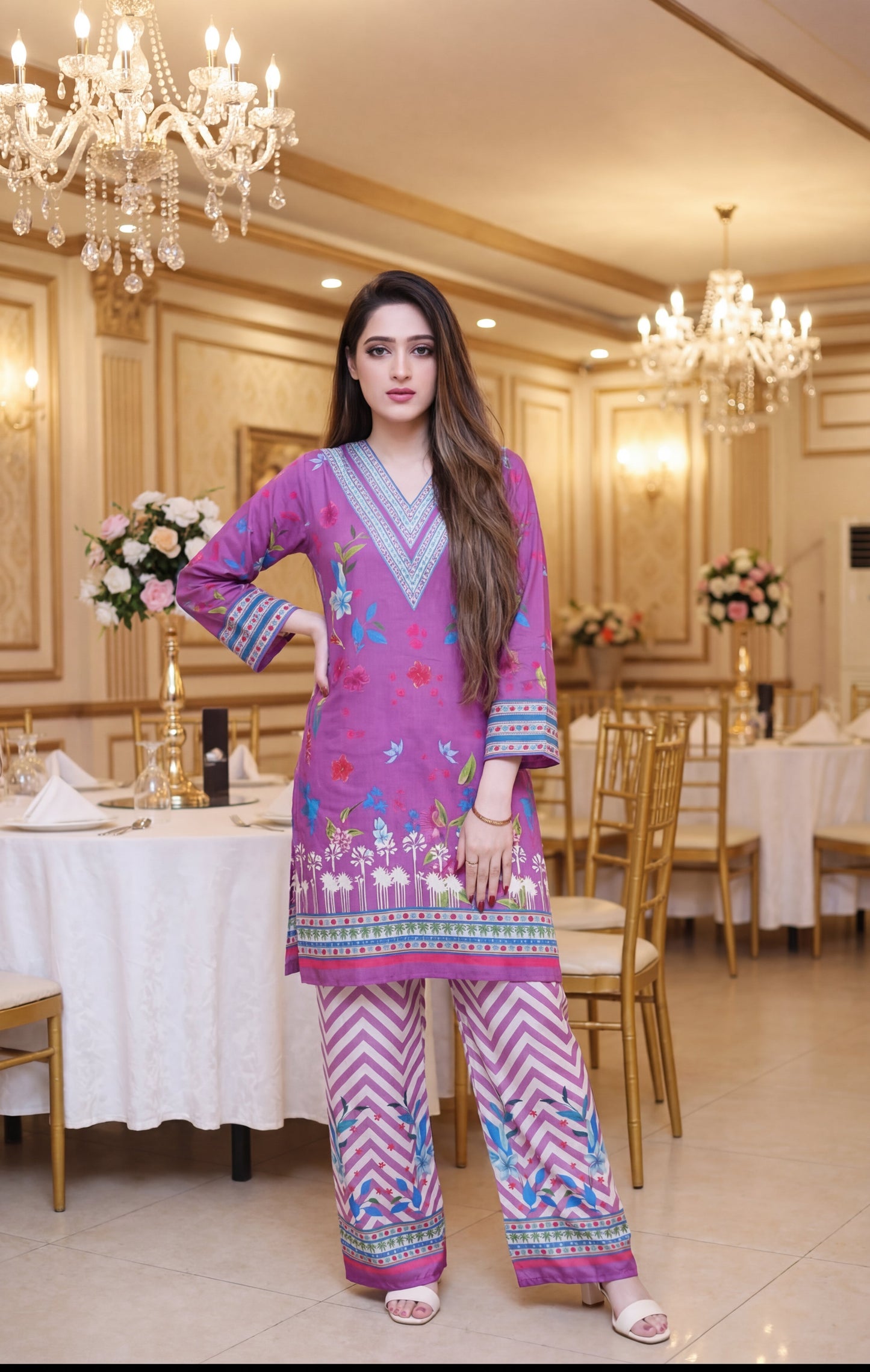 Orchid Radiance: 2-Piece Digital Print Lawn Kurta & Chevron Trousers