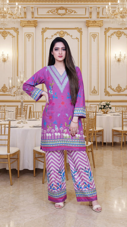 Orchid Radiance: 2-Piece Digital Print Lawn Kurta & Chevron Trousers