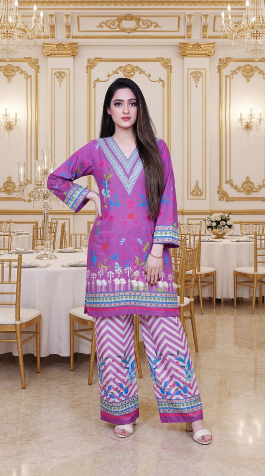 Orchid Radiance: 2-Piece Digital Print Lawn Kurta & Chevron Trousers