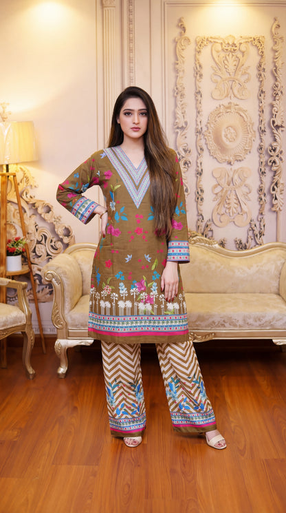 The Heritage Fusion Collection: 2-Piece Digital Print Lawn Kurta & Chevron Palazzo Set