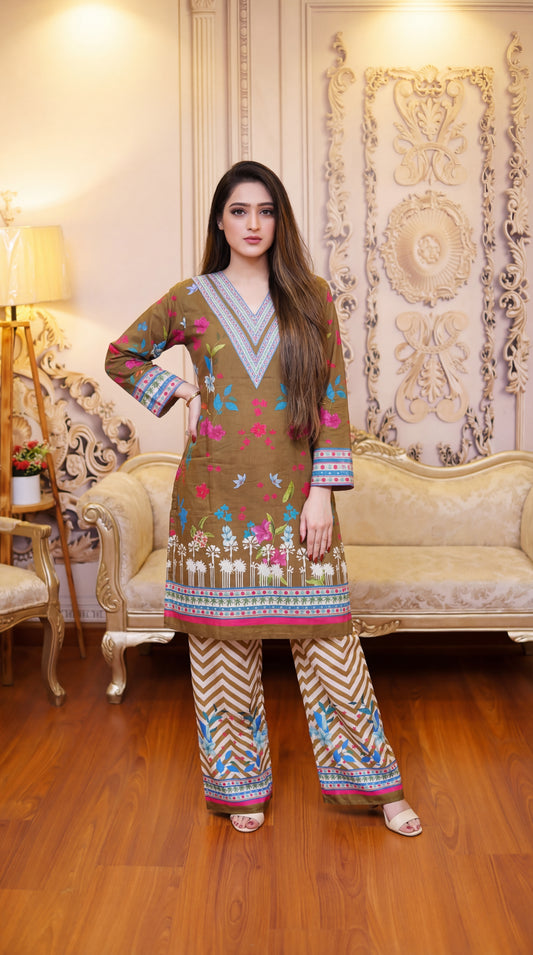 The Heritage Fusion Collection: 2-Piece Digital Print Lawn Kurta & Chevron Palazzo Set