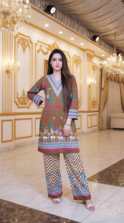 The Heritage Fusion Collection: 2-Piece Digital Print Lawn Kurta & Chevron Palazzo Set